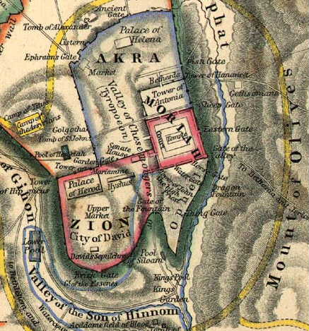 Old Map of Jerusalem, The Temple and Zion during Roman Occupation